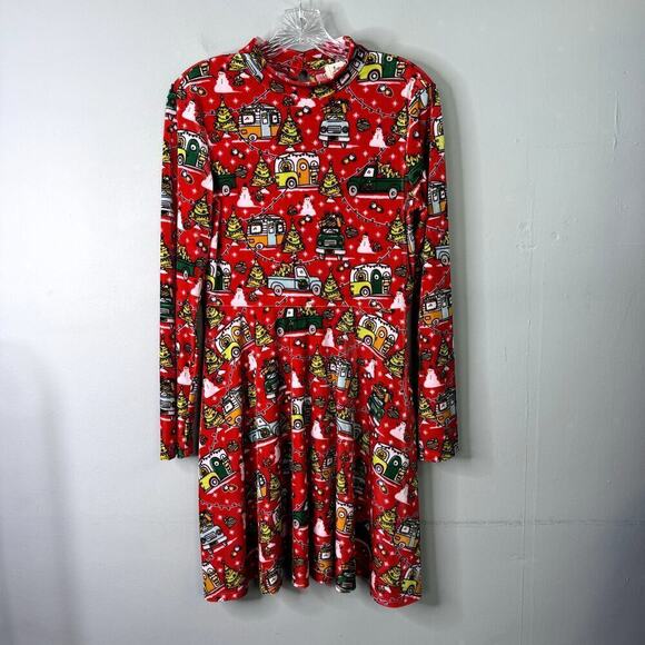 Born Famous Red Truck Camper Print High Neck Christmas Holiday Dress Women's M - Picture 9 of 12